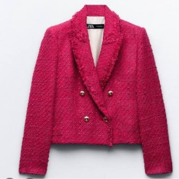 Zara Textured Blazer Frayed Lapel Fuschia XS - Picture 2 of 9
